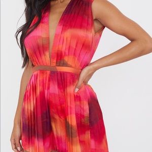 Pink wave print pleated shoulder pad plunge romper M - PrettyLittleThing
